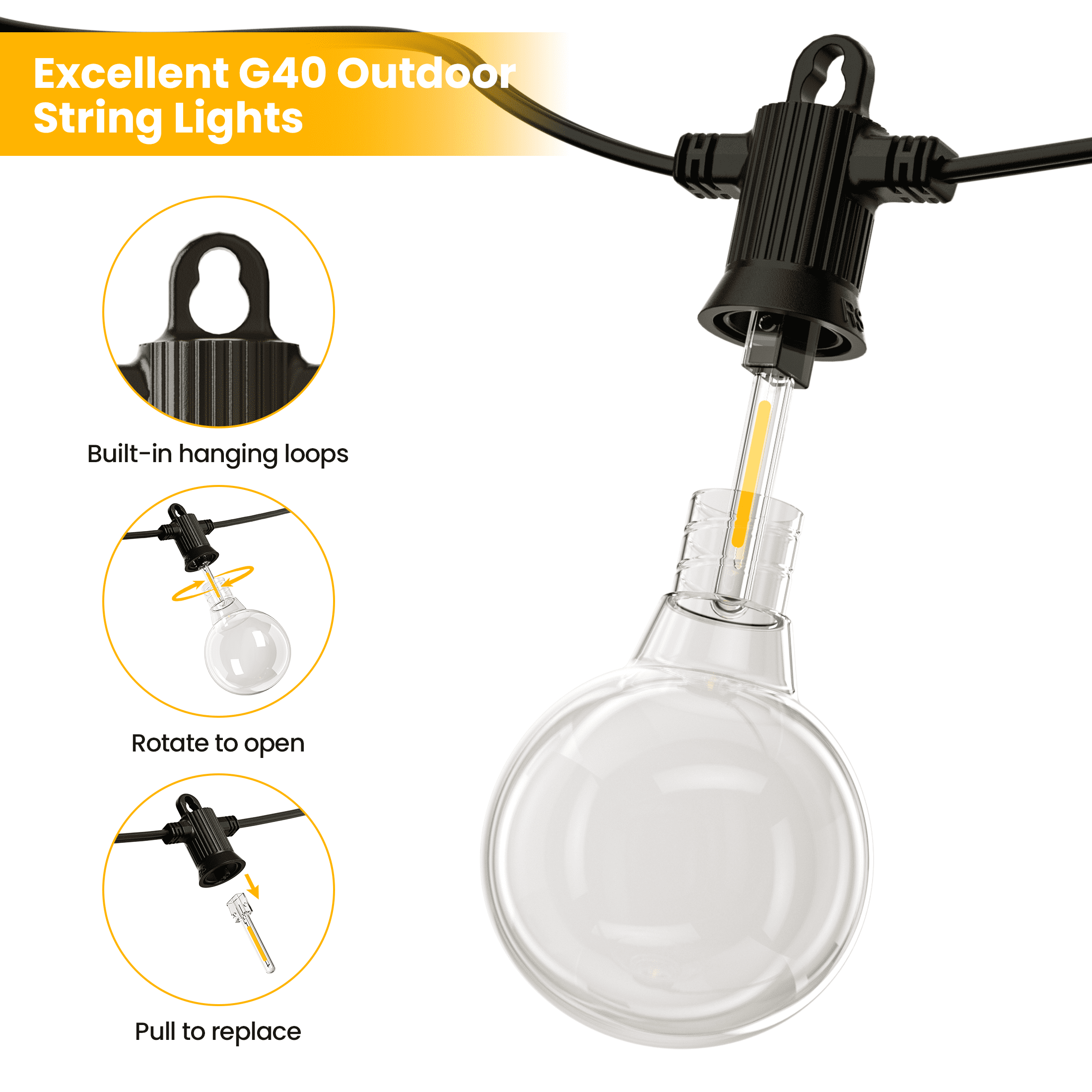 Fooman G40 Outdoor String Lights 50FT IP65 Patio Waterproof Hanging Lights with 25+2 Bulbs for Garden Gazebo Bistro Cafe Backyard