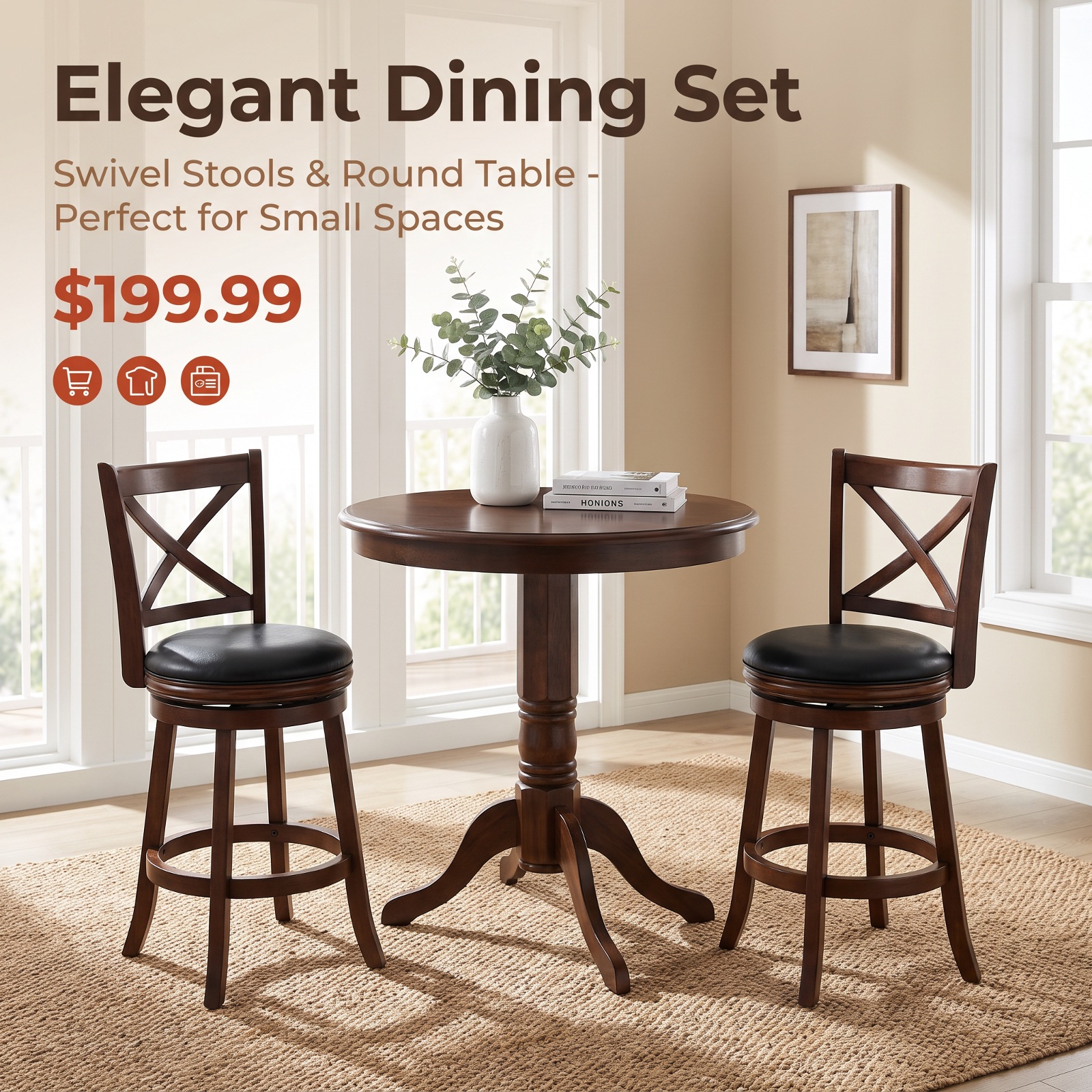 Furnibear 2 Pieces Classic Counter Height Swivel Bar Stool Set with X-shaped Open Back-24 Inch for Kitchen Island Counter Bar Pub Dining, Espresso