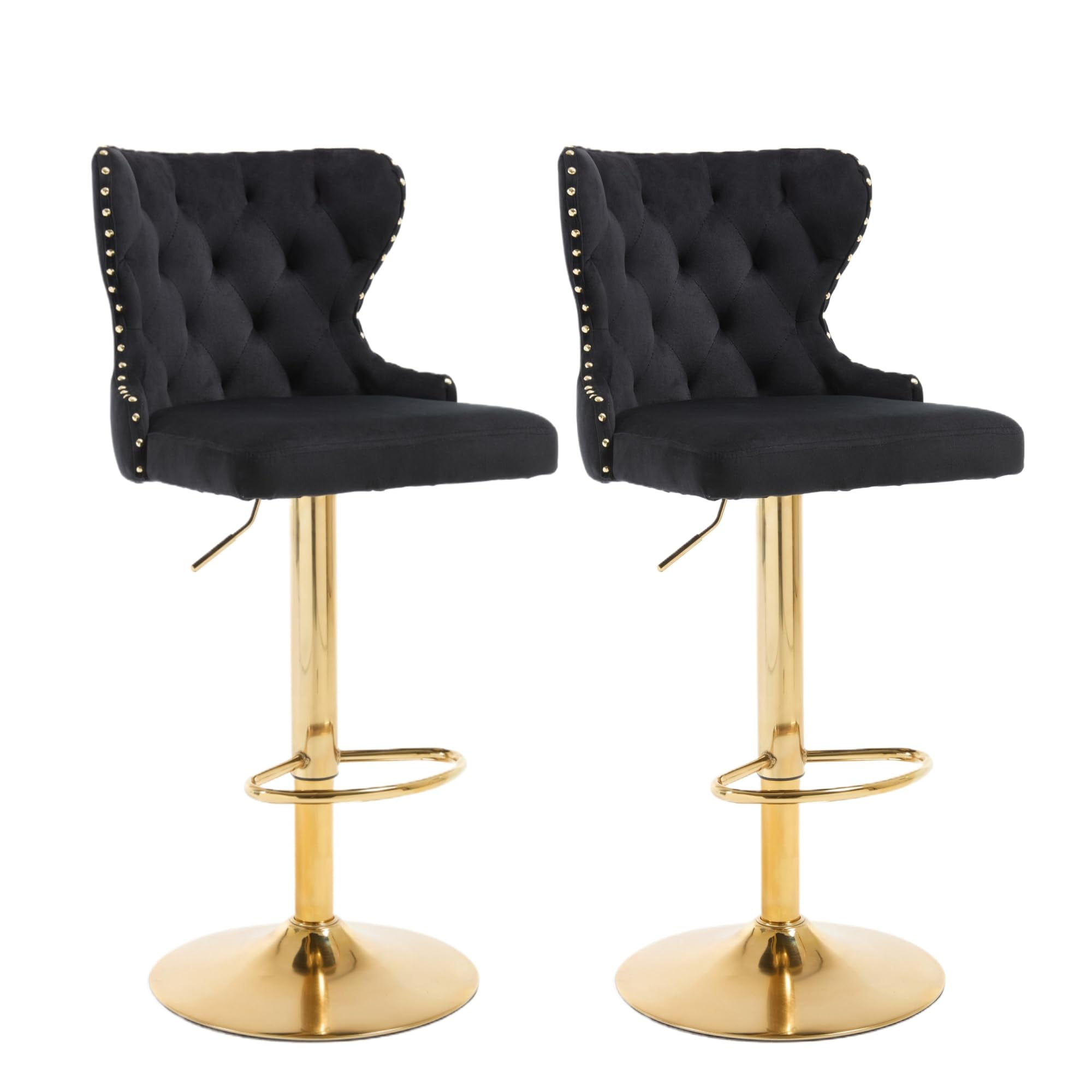 Set of 2 Adjustable Swivel Bar Stools, Velvet Upholstered Counter Height Chairs with Nailhead Trim, Golden Footrest, Golden Legs, and High Back for Kitchen Island, Home Bar, Dining Room, Cafe, Black