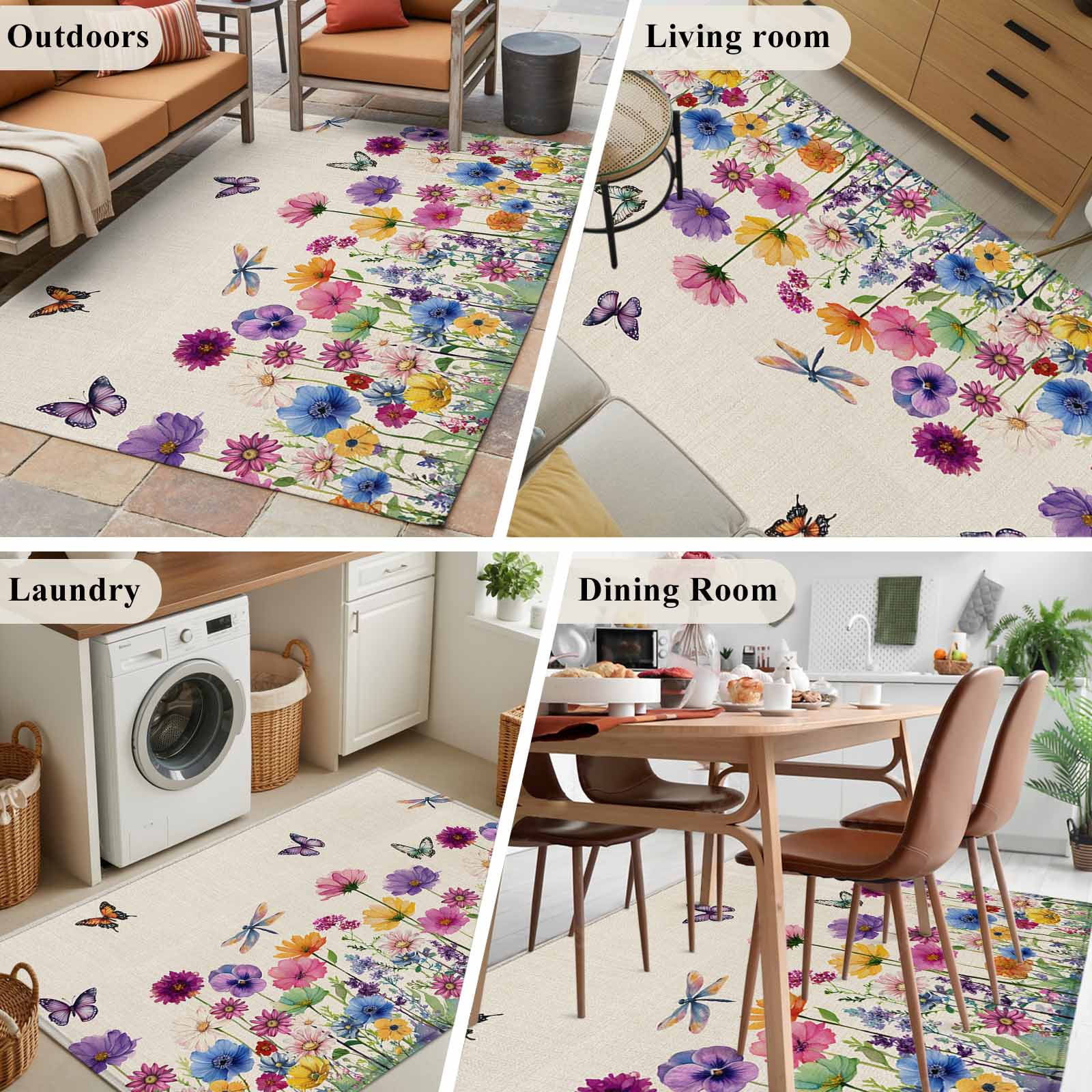 Area Rugs 2.7'x5', Vintage Flowers Carpet for Living Room Bedroom Dining Room, Watercolor Butterfly Dragonfly Daisy Beige Throw Kitchen Rugs Non Slip Washable Rectangle Indoor Outdoor Rugs