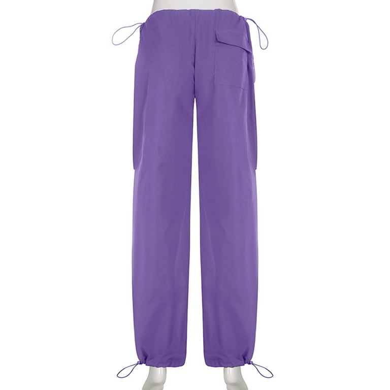 Diconna Women Baggy Cargo Pants Low Waist Cargo Pants Drawstring Wide Leg  Hip Hop Cinch Joggers Sweatpants Purple S 