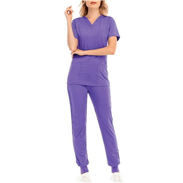 Big Discount,Women's Nursing Uniform Set, Solid Color Drawstring Pants, Short Sleeve V-Neck Blouse, Comfortable Nursing, Easy Access Pockets, Caregiver, Hospital Use, Nursing Uniforms