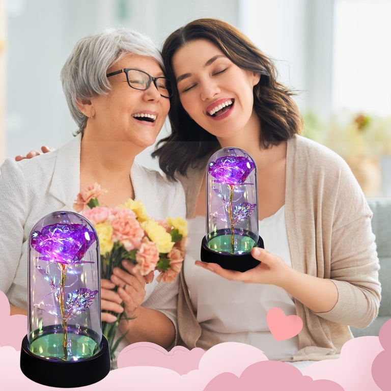 Light Up Rose in Glass Dome, Colorful Artificial Flower Rose in