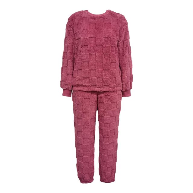 Set De Pijama Secret Treasures Para Mujer Talla G De 2 Pzs Polar Colo Rosa con diseño de cuadros en tela polar afelpada, incluye camiseta de manga larga con cuello redondo y pantalón recto con cintura ajustable para mayor comodidad, ideal para descansar en otoño e invierno.