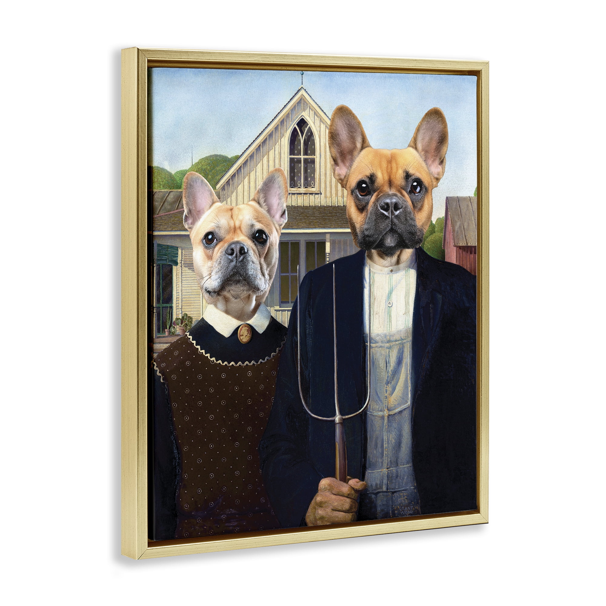 Stupell Industries French Bulldogs Iconic Farmers Gold Framed Floater Canvas Wall Art, design by Grotto Studios