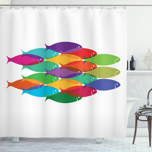 Colorful Shower Curtain Vibrant Colored Fish Silhouettes Shoal Exotic Underwater Wildlife Inspired Theme Fabric Bathroom Set With Hooks 69w X 84l Inches Extra Long Multicolor By Ambesonne Com Colorful Shower Curtain Vibrant, Wildlife Shower Curtains Sets