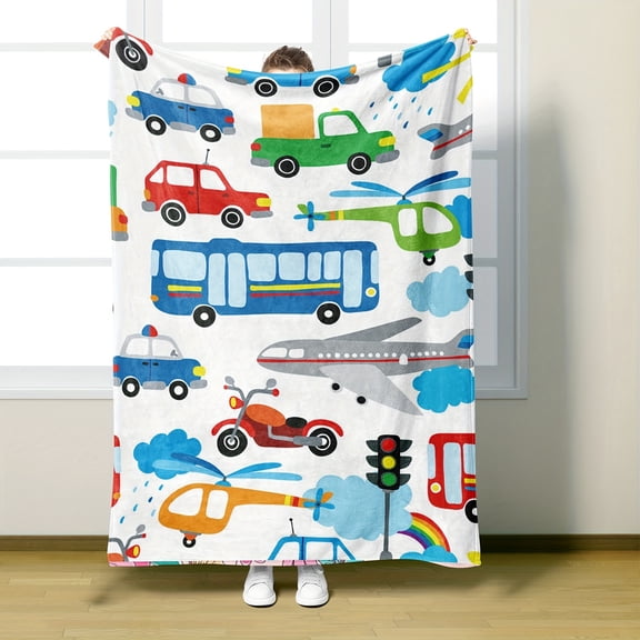 1pc Fluffy Fleece Blanket With Cartoon Airplanes Cars And Buses Print Warm Soft And Comfortable Gift Blanket For Couch Bed Sofa Office Camping