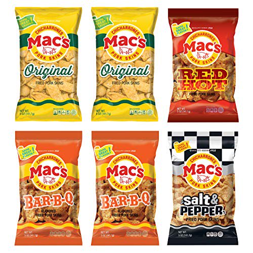 Mac's Pork Skin Variety Pack, Zero Carb Snacks, 6 Pack of 5 Oz. Bags