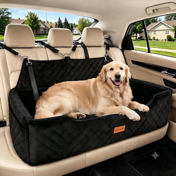 Fehomix Large Dog Car Seat, Memory Foam Back Seat Dog Bed for Medium & Large Dogs up to 100 lb, 4 Safety Leashes, 2 Pockets, Washable Cover, Black