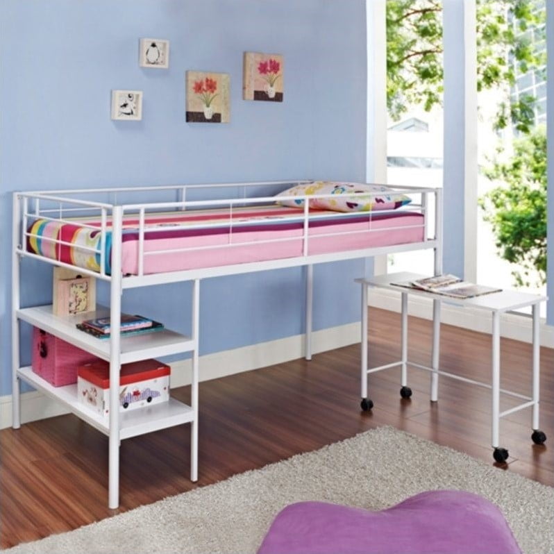 Pemberly Row Twin Loft Bed With Desk And Shelves In White