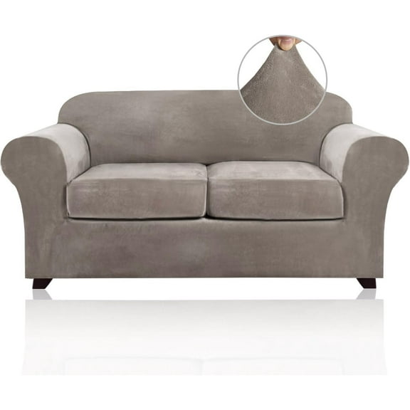 Velvet Loveseat Slipcover, 3 Piece Set for 2 Cushion Couches, Washable Stretch Sofa Cover for Pet Owners, Protects Against Stains and Wear in Family Rooms and Apartments, Brown