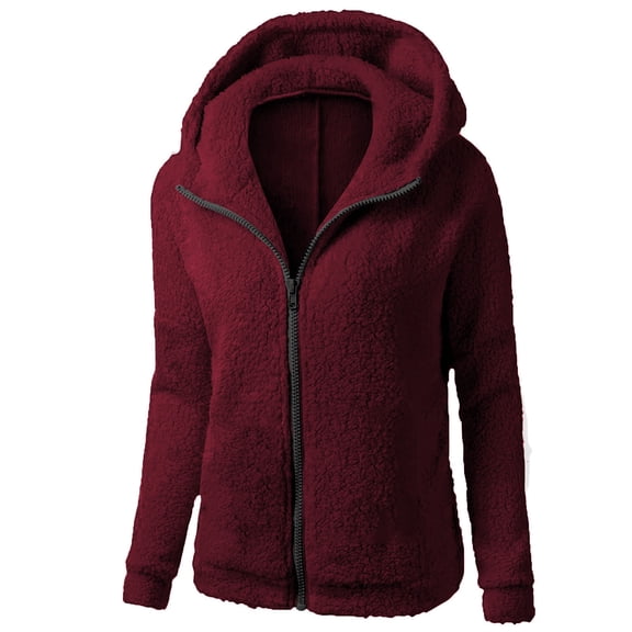 Women Zipper Up Hooded Sets Sweater Coat Winter Casual Blocking Warm Wool Long Zipper Coat Cotton Outwearcasual Wine S