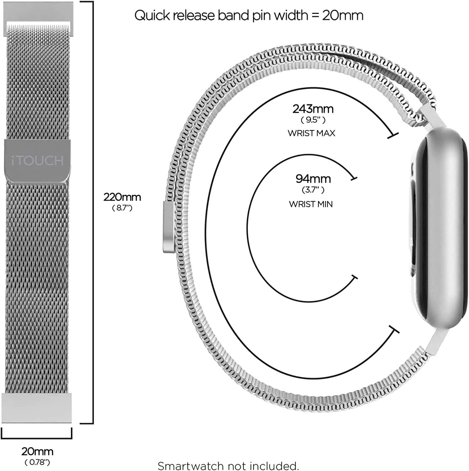iTouch Smart Watch Unisex Interchangeable Metal Strap for Air 3 44mm: Silver Mesh