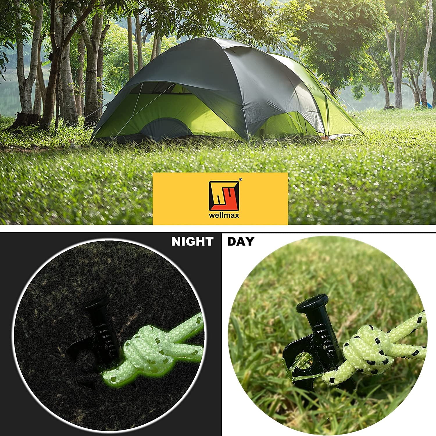 Wellmax 10PC Heavy Duty Tent Stakes with 2PC Glow in Dark Rope 3/16" x50ft and 1/4" x50ft Black