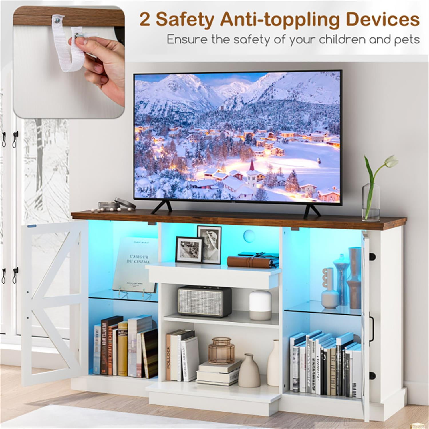 Demi Bonn TV Stand for 68" TVs, Entertainment Center with 3-Level Shelves and 22 Dynamic Modes, Modern Media TV Console Table for Living Room Bedroom, White