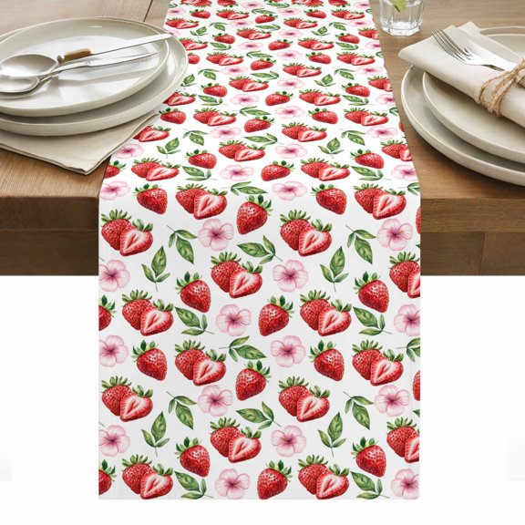 Strawberry Table Runner - 90 Inch Long, Kitchen Dining Table Runner Dresser Scarves, Tropical Summer Red Fruit Cherry Blossoms Farmhouse Decor for Coffee Tables Wedding Party Banquet