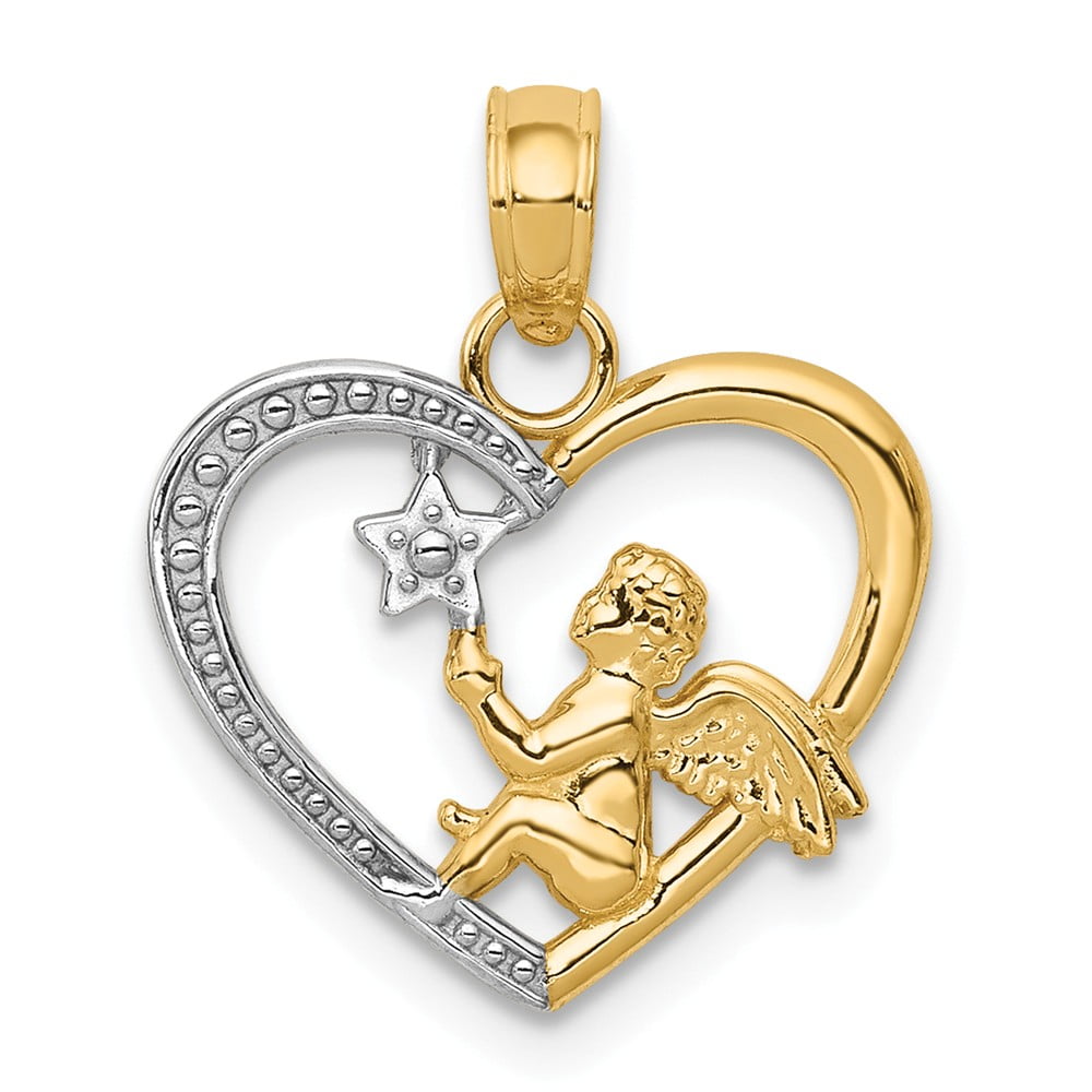 14K White Gold & Yellow Gold Angel in Heart Star Pendant Solid Pendants & Charms Jewelry