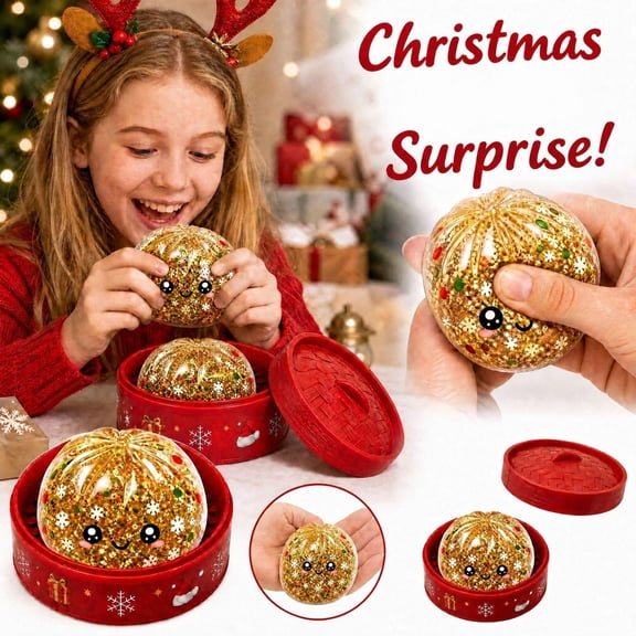 Squishy Stress Ball with Golden Glitter and Cute Face, 3.35 Inch, for Kids Stocking Stuffers, Christmas Sensory Squeeze Toy