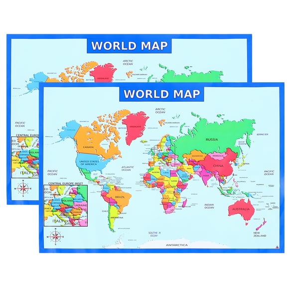2Pcs World Map Children Preschool Poster Household Kids Cognitive Poster