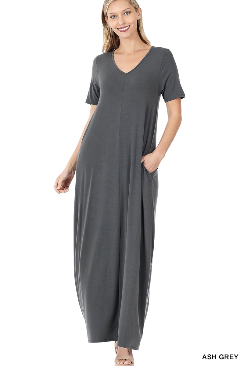 Zenana Women & Plus Relaxed Fit V-Neck Short Sleeve Full Length Maxi ...