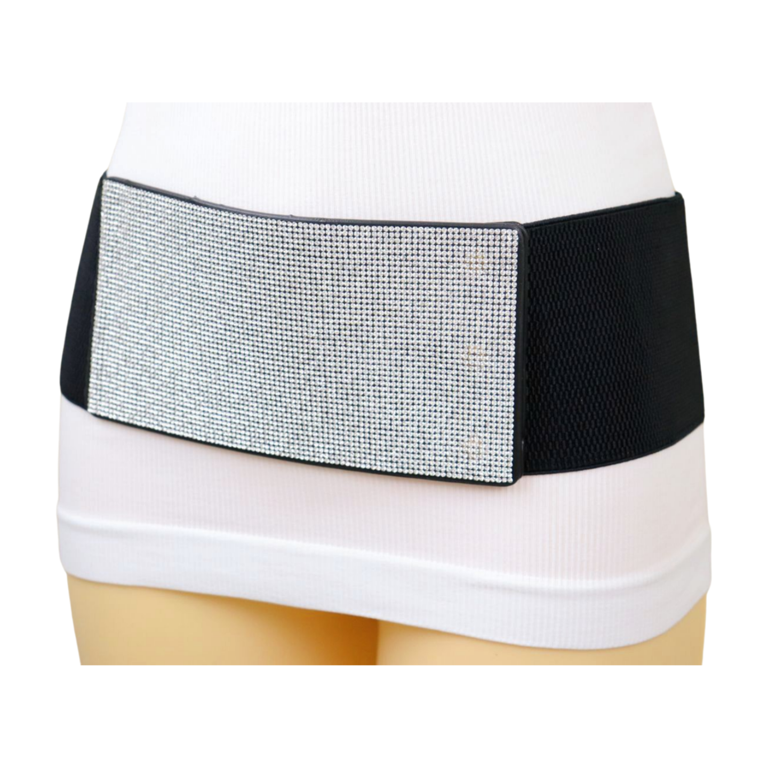 Women Wide Black Stretch Band Fashion Belt Silver Rhinestone Fancy Size S M z044 Women Wide Black Stretch Band Wedding Bridal Belt Silver  main image 2