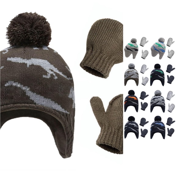 Oiyii Toddler Boys Fleece‑Lined Earflap Cap Dinosaur‑Print Mittens Skiing Beanie Fall Winter Cap, Dark Green