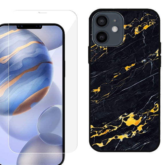Slim-Fit Protective Phone Case (Black) compatible with iPhone 12 / iPhone 12 Pro, with Tempered Glass Screen Protector, by OneToughShield ® - Marble / Lava