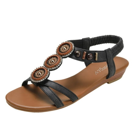 

ZIZOCWA Ethnic Style Wedges Women Sandals Summer Beaded Non Slip Roman Beach Shoes Elastic Band Slip On Boho Casual Leather Sandals Black Size8