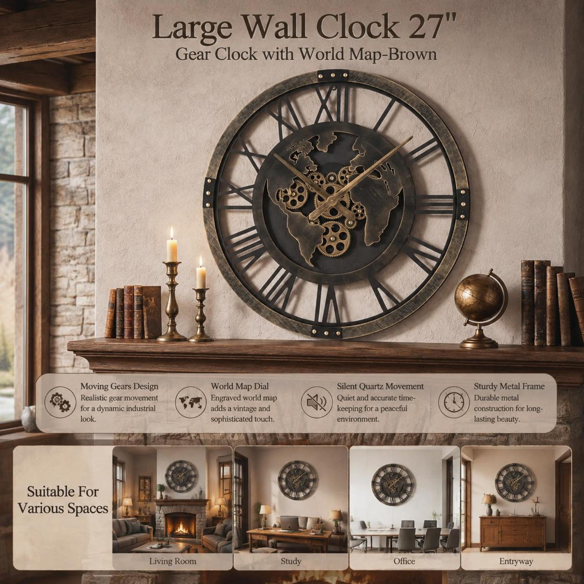Large 27 in Wall Clock, Gear Clock with World Map, Brown Metal Frame, Quiet Quartz Movement