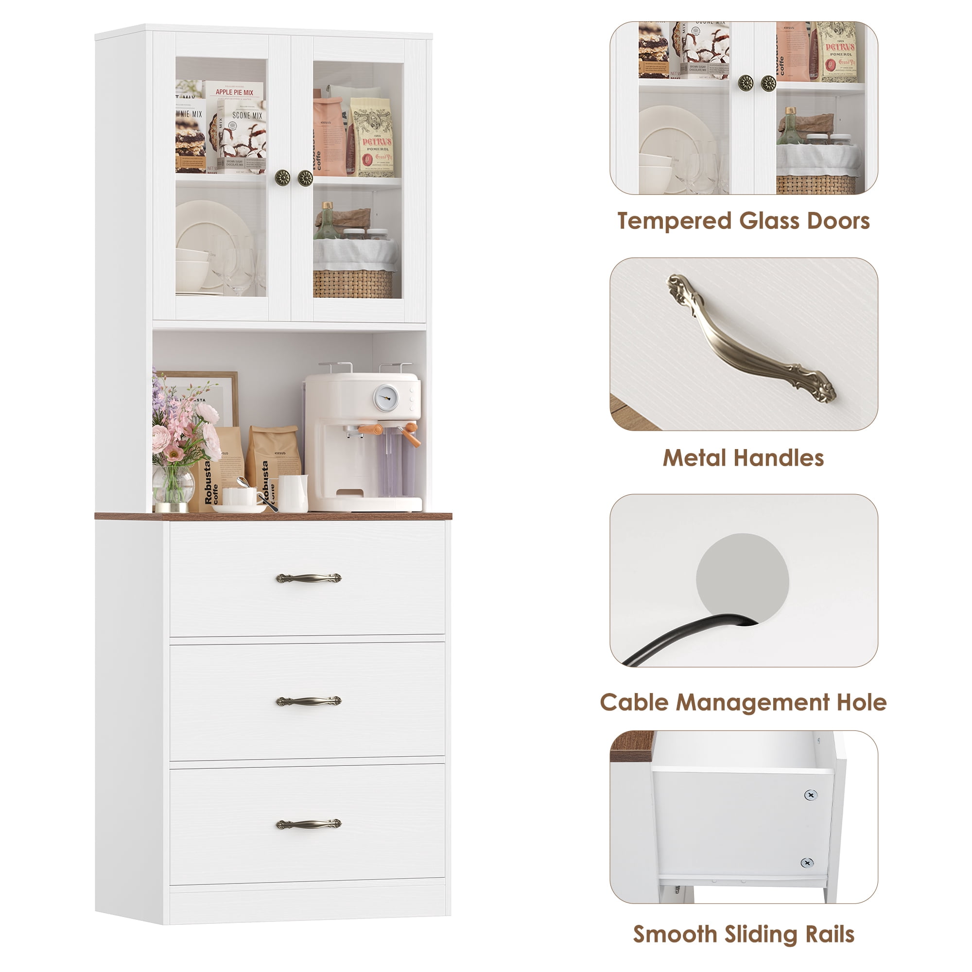 Homfa 71" Tall Kitchen Pantry Cabinet, Freestanding Storage Cupboard with Glass Doors, 3 Drawers & Adjustable Shelves, Modern Coffee Bar Cabinet for Kitchen Dining Room Living Room, White Oak