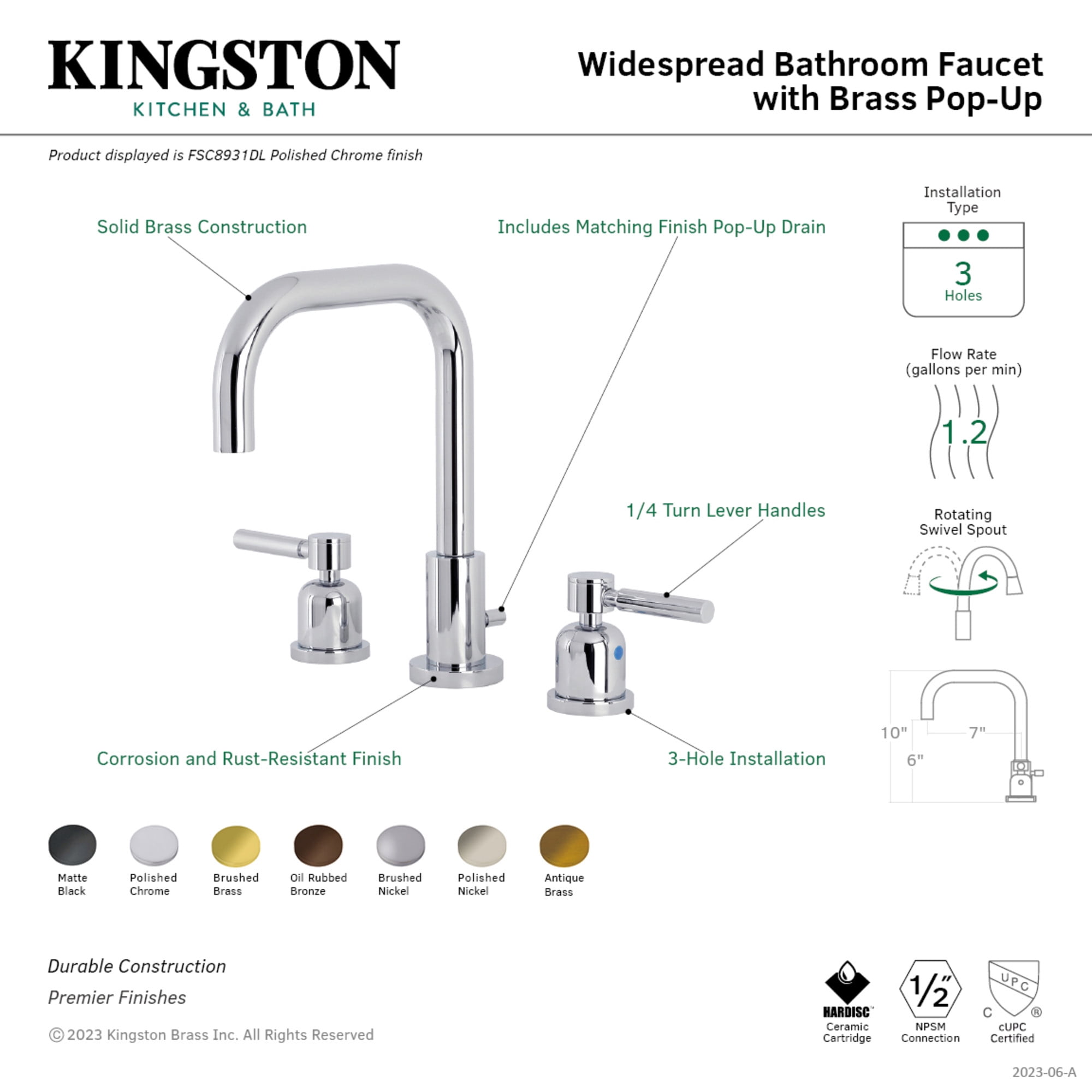 Kingston Brass FSC8931DL Concord Widespread Bathroom Faucet with Brass Pop-Up in Polished Chrome