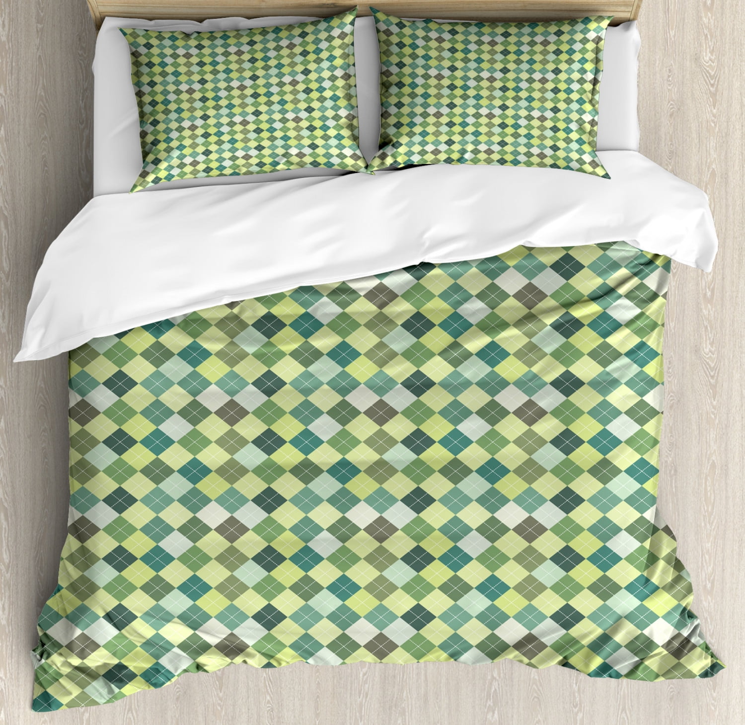Plaid Duvet Cover Set King Size, Traditional Argyle Pattern in Pastel Green Tones Checkered