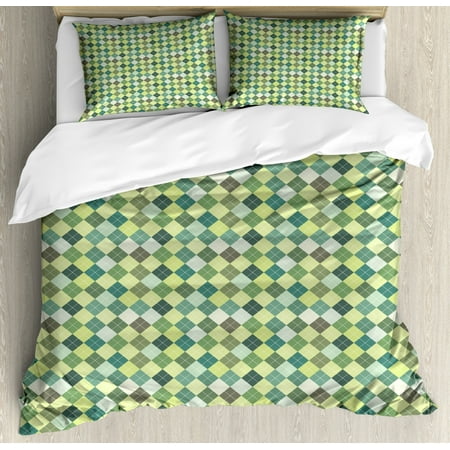 Plaid Duvet Cover Set Traditional Argyle Pattern In Pastel Green