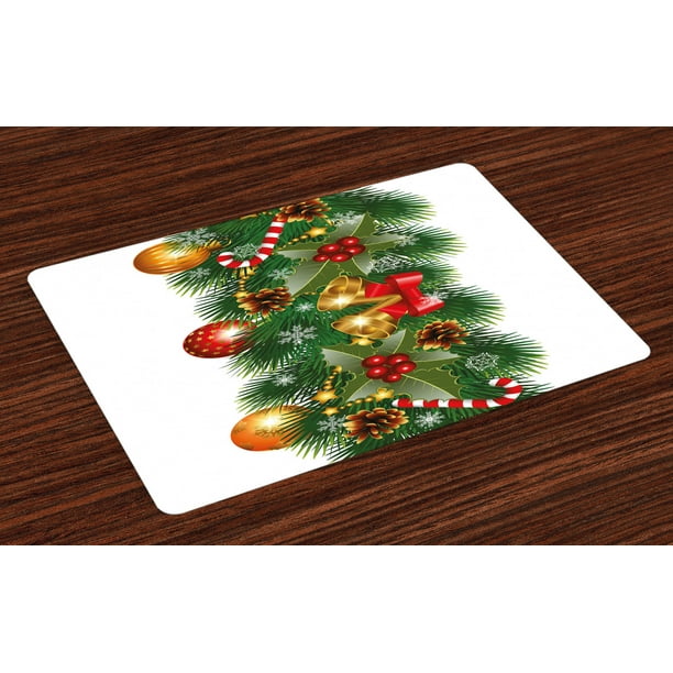 Christmas Placemats Set of 4 Pine Tree Branch Detailed Ornaments Bells