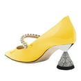 thumbnail image 2 of FSJ Women Classic Rhinestone Flared Low Heel One Strap Pumps Pointed Closed Toe Slip On Comfortable Office Wedding Dance Dress Shoes Size 6.5 Yellow, 2 of 4