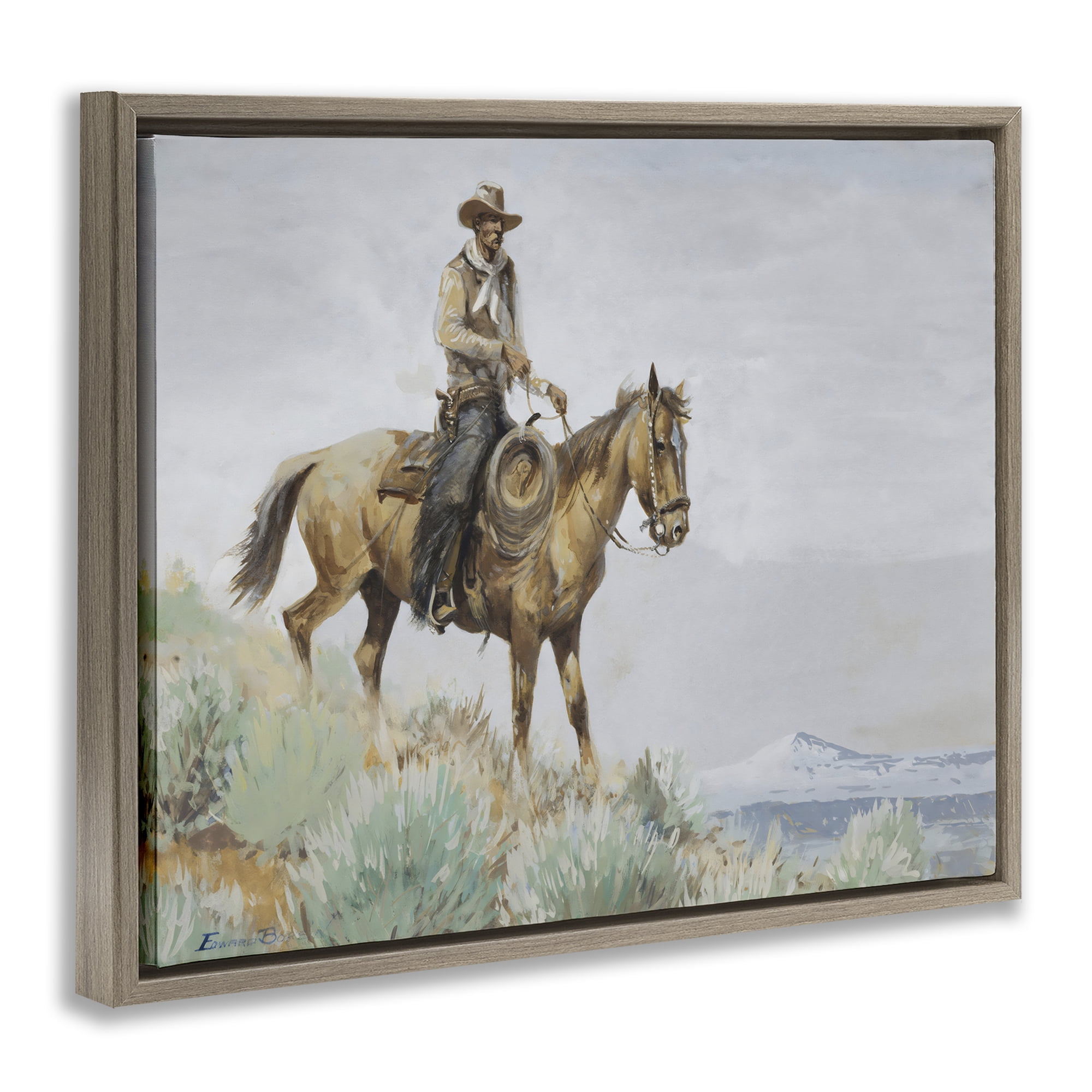 Stupell Industries Mounted Cowboy on Sagebrush Ridge Brown Framed Floater Canvas Wall Art, design by Arlington Prints