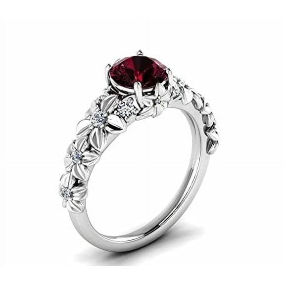 HeartsAndYou 2ct Natural Garnet Diamond Flower Solitaire with Accent Ring 14k REAL White Gold