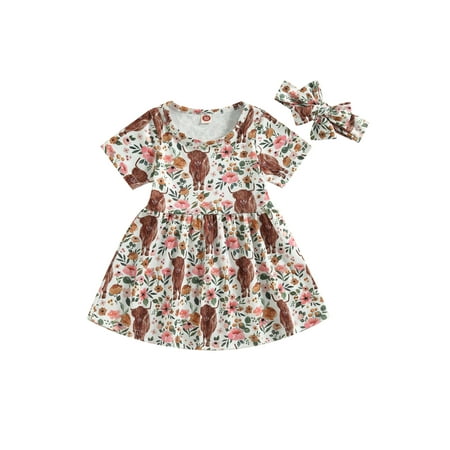

Western Baby Girl Clothes Cow Print Short Sleeve Dress One Piece Playwear Mini Dress Headband Summer Outfits Pink 3-4 Years