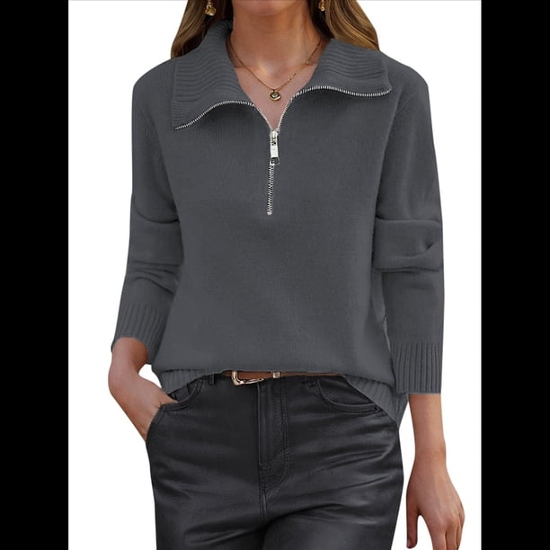 Suéter de Otoño para Mujer, de Larga, con Cremallera de 1/4, Sudadera Holgada de Punto Acanalado con Abertura. Gris XL