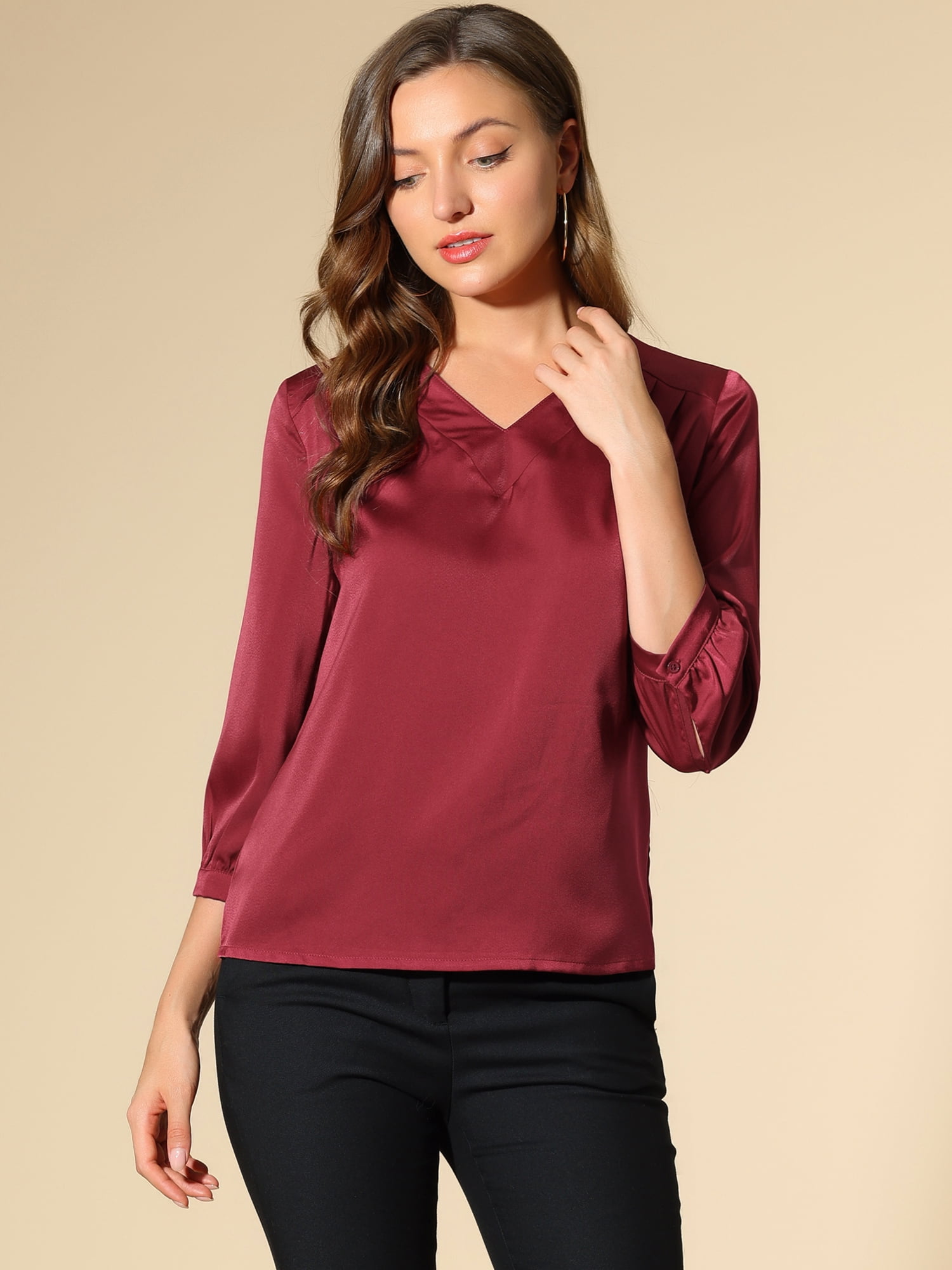 DARING DIVA Women's Satin Blouse Long Sleeve V Neck Top Shirts XS Burgundy
