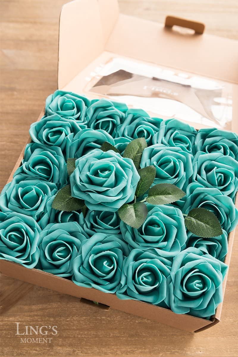 Artificial Flowers 25pcs Real Looking Teal Green Fake Roses w/Stem for DIY Wedding Bouquets Centerpieces Bridal Shower Party Home Decorations