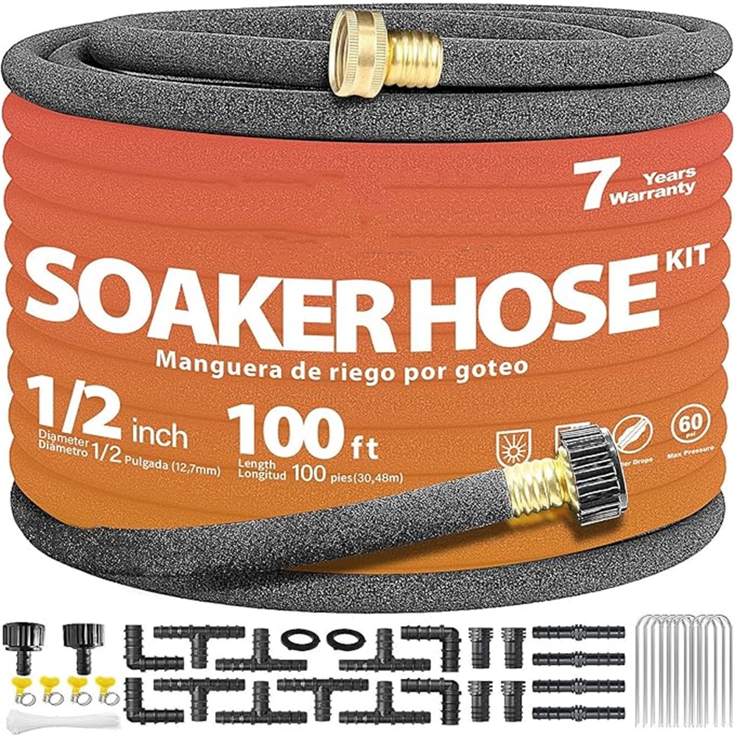 "100FT Heavy-Duty 1/2 Inch Soaker Hose with 3/4 Inch Solid Brass Connector - Leakproof Garden Watering System for Gardens, Lawns, Flower & Vegetable Beds "