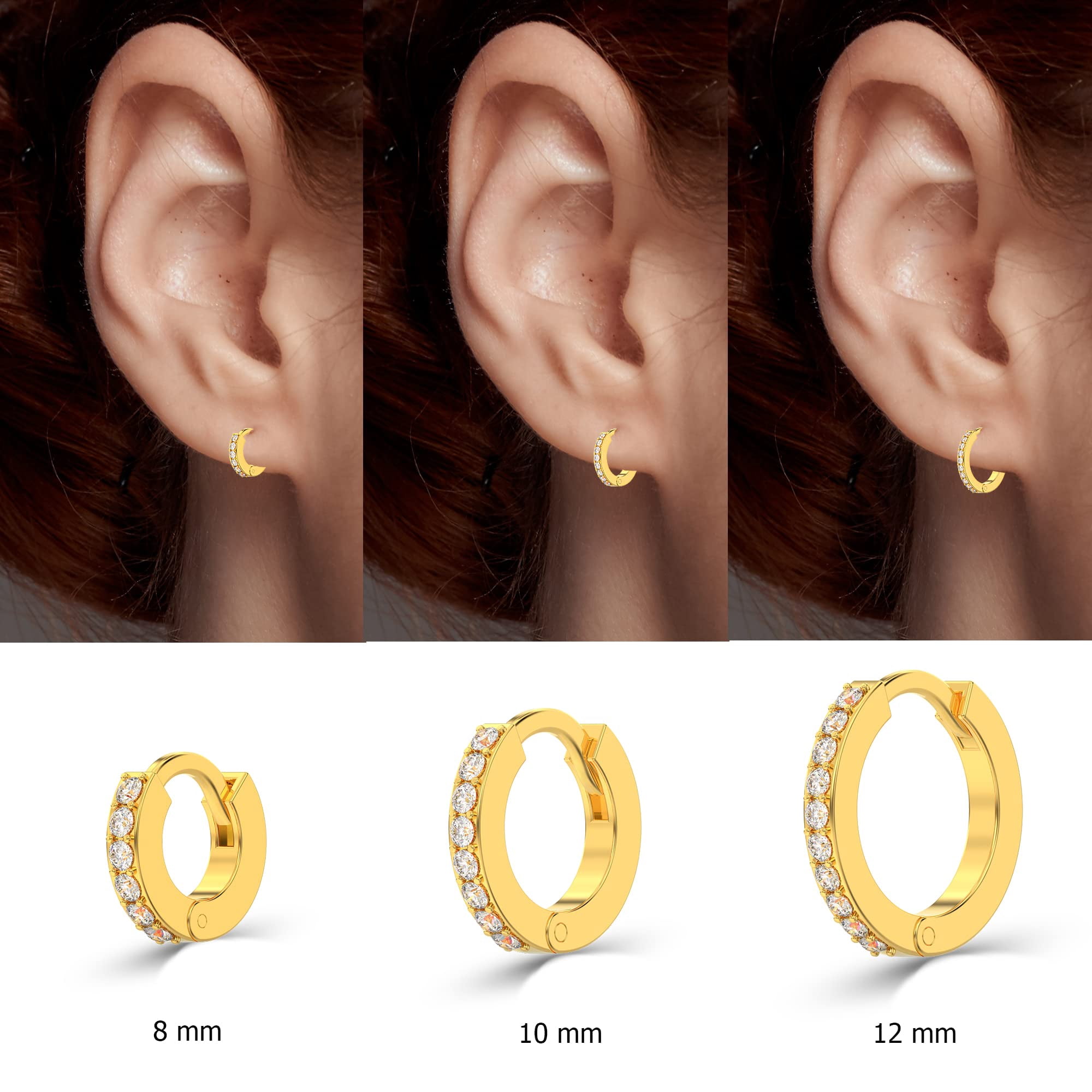 LeCalla 925 Sterling Silver 18K Yellow-Gold Plated Post Small Hoop Earrings Hypoallergenic CZ Huggie Hoop Earring for Women Set of 3 Pair (8MM, 10MM, 12MM)