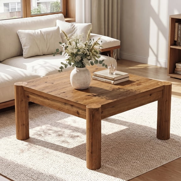 Finmind 31.5" Solid Wood Coffee Table for Living Room, Farmhouse Accent Center Table, Brown