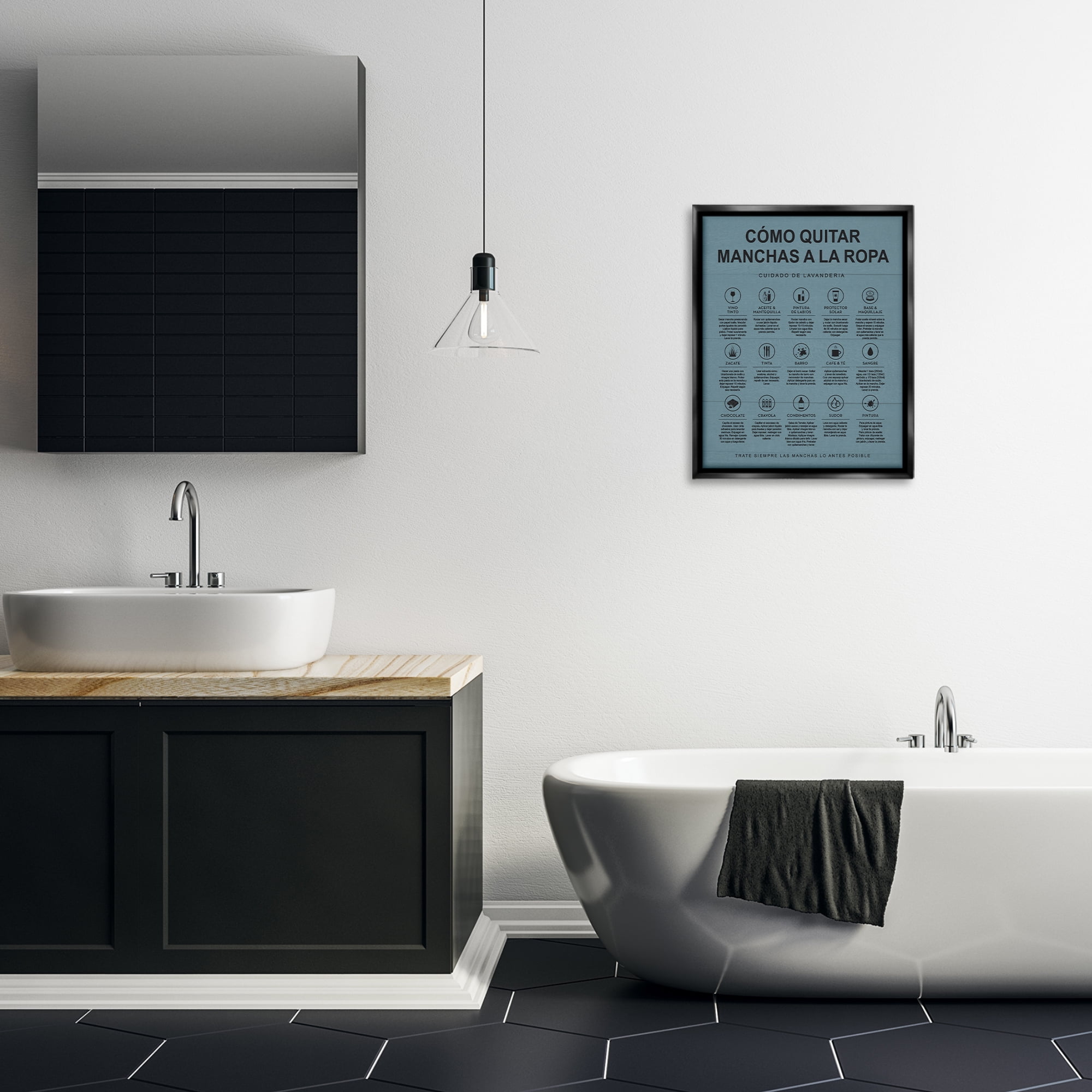 Stupell Industries Guía de Limpieza de Manchas, Azul Bath & Laundry Painting Black Floater Framed Art Print Wall Art, 17 x 21