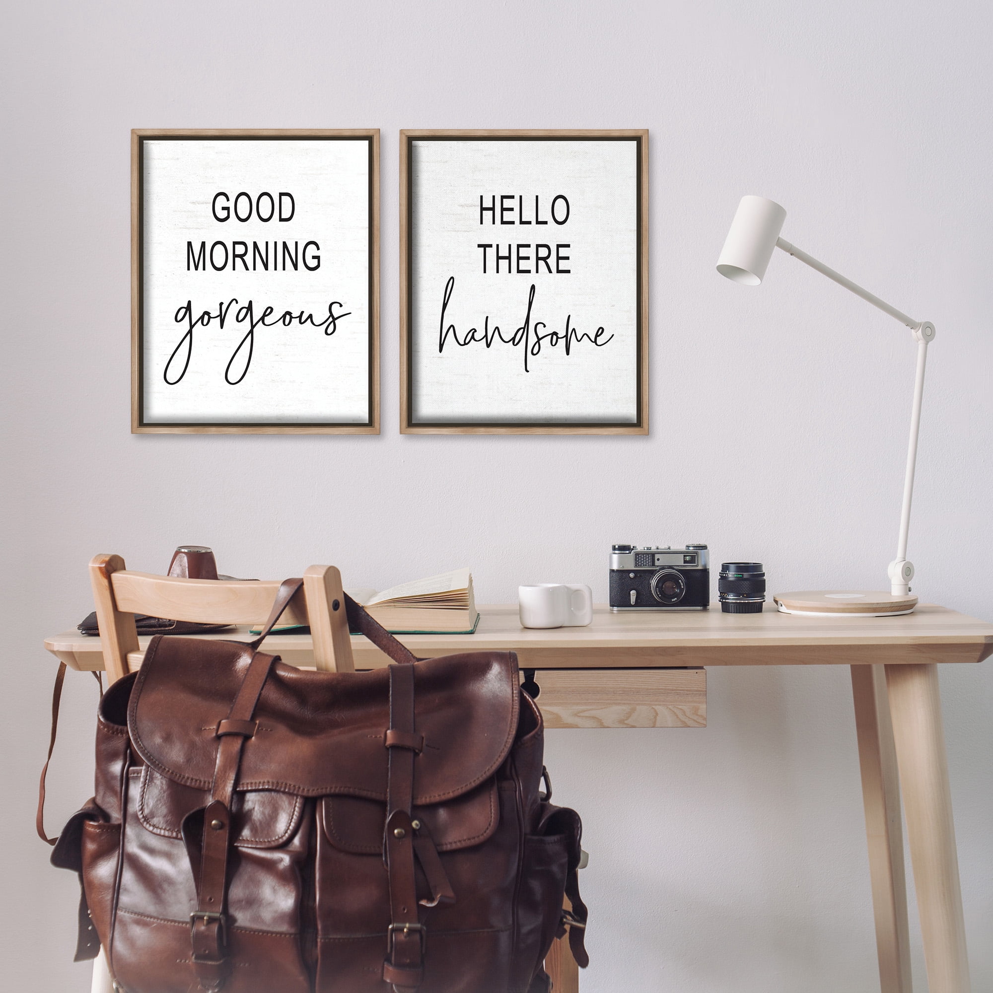 Stupell Industries Gorgeous & Handsome Romantic Greetings Inspirational Painting Brown Floater Framed Canvas Art Print Wall Art, 17 x 21, Set of 2