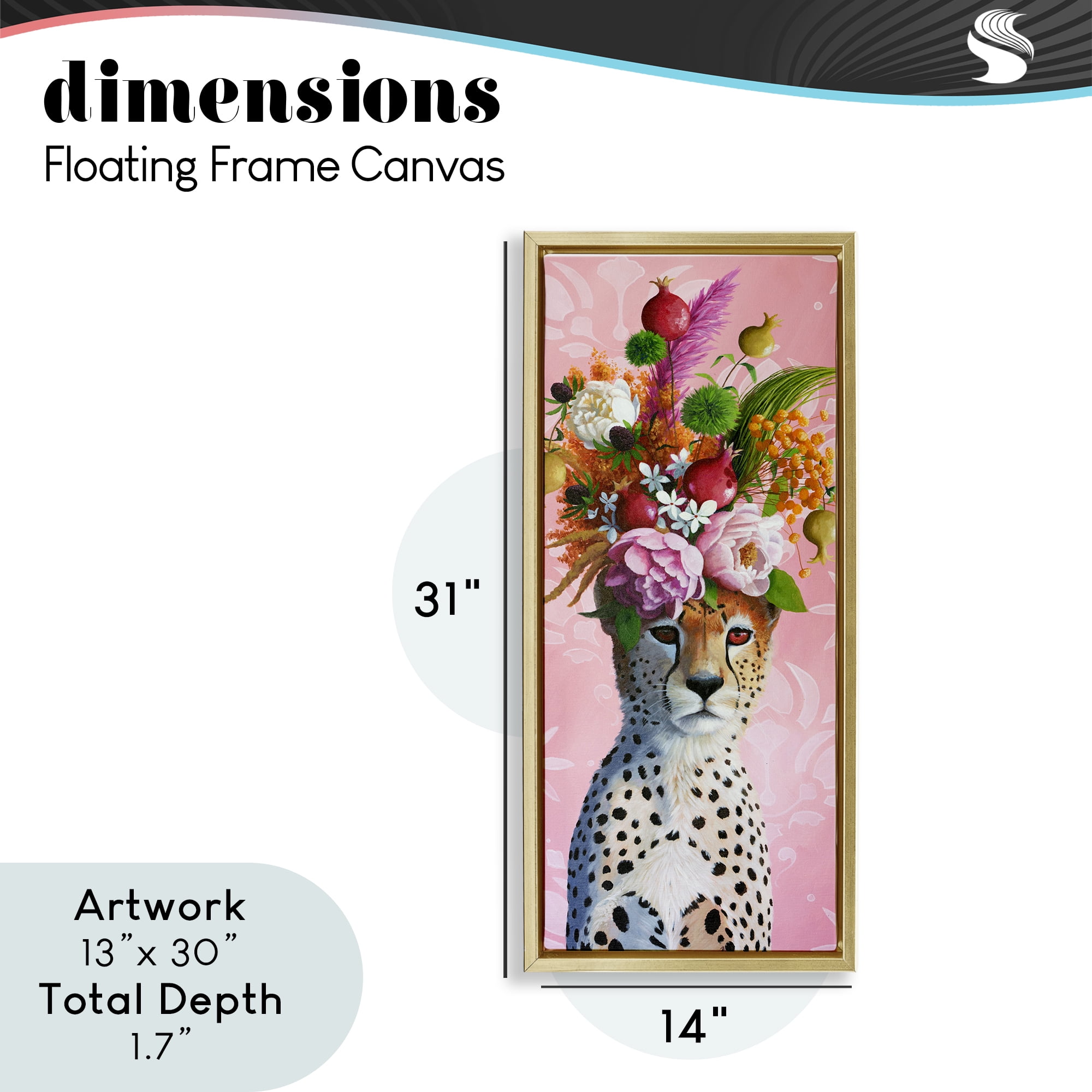 Serious Cheetah & Florals Gold Framed Floater Canvas Wall Art, design by Heather Gauthier