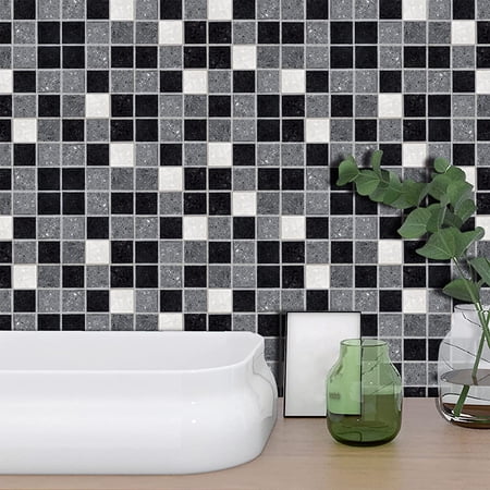 Mosaic Tile Stickers Wall Decals, Black Gray White Grid Wall Stickers ...
