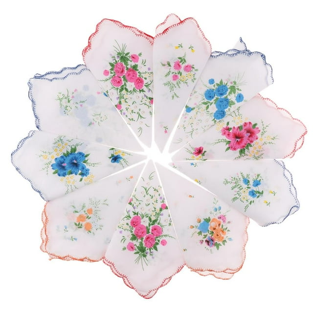 10PCS Womens Floral Handkerchief Wendding Party Fabric Hanky White