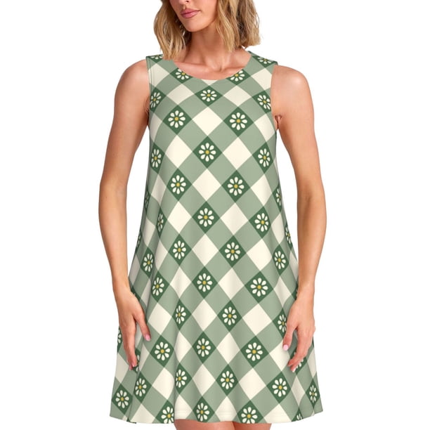 Balery Daisy Plaid Green Vestidos de verano para mujer con estampado: vestido holgado sin mangas, vestido playero informal y cómodo para días calurosos.